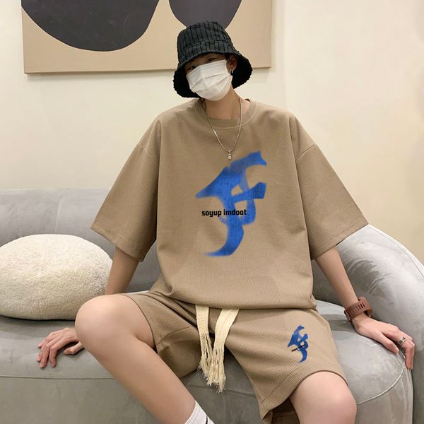 

men's tracksuits privathinker waffle suit men t-shirt shorts two piece sets large size male fashion korean clothing brand short sleeve, Gray