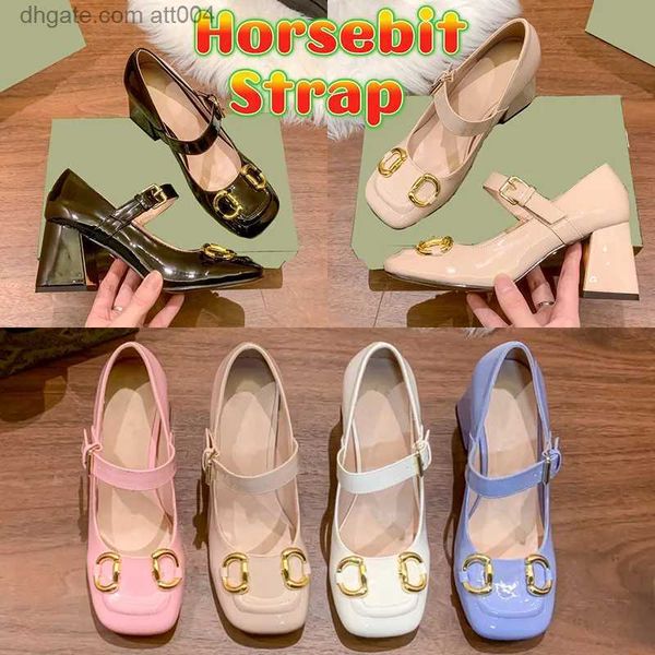 

women dress shoes designer mary-jane shoe horsebit strap 75mm pump light pink apricot leather patent high heels with pin-buckle luxury lady, Black