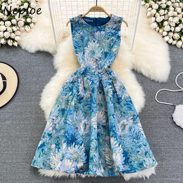 

basic casual dresses neploe court style oil painting jacquard robes summer retro vestidos round neck sleeveless slim waist mid-length dress, Black;gray