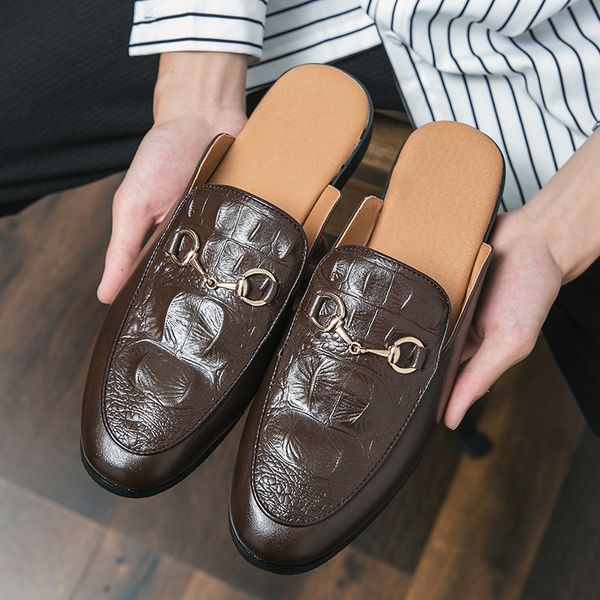 

mueller shoes men pu half-wrapped horseshoe buckle decorative casual slippers breathable slip-on shallow fretwork men shoes, Black