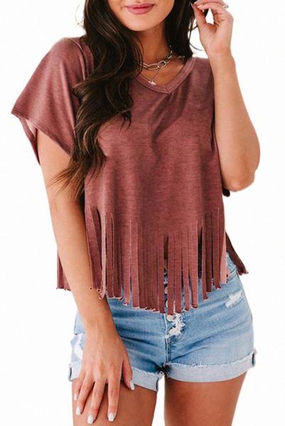 

red fringe hem v neck t shirt 2023 new 2023 new i1ry#, White