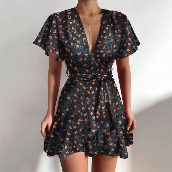 

basic casual dresses summer v-neck ruffle women dress belt wrap print mini dress a-line dress casual beach sundress sweet elegant short dres, Black;gray