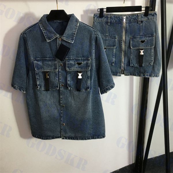 

triangle logo denim coat zipper design dress for women short sleeved cowboy shirt womens high waisted skirt, White