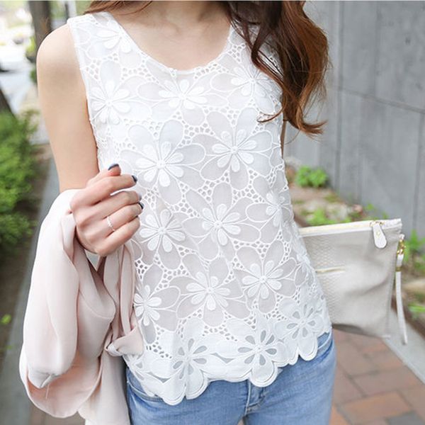 

women's blouses shirts 40 women florak lace casual sleeveless vest oneck floral slim elegent korean style 230517, White