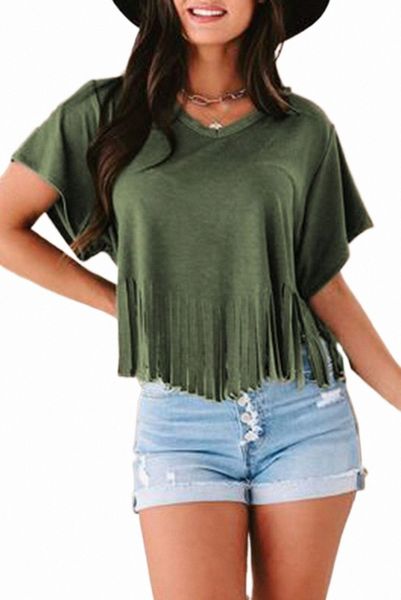 

green fringe hem v neck t shirt 2023 new 302k#, White