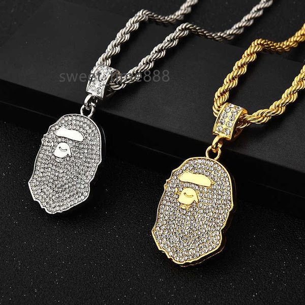 

hip hop pendant fashion brand ape head diamond alloy necklace personalized hiphop men's necklace, Silver