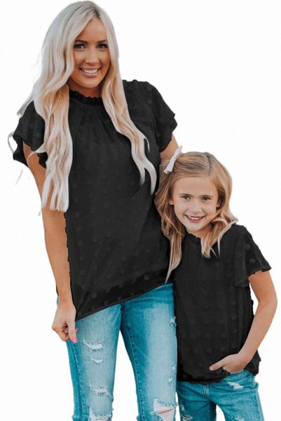

black ruffled sleeve swiss dot t-shirts 2023 new o95z#, White