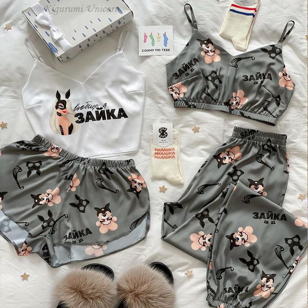 

women's sleepwear satin print pajamas for women 4 piece set turn down collar long sleeve bra female sets with pants solid home wear ca, Black;red
