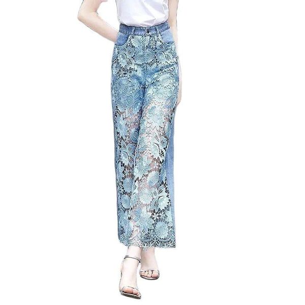 

jeans fashion design women jeans high waist wide leg pants 2022 new hollow lace stitching drape loose straight denim pants female, Blue