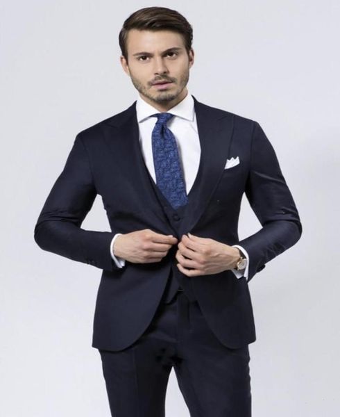 

new custom made slim fit one button navy blue groom tuxedos peak lapel groomsmen man mens wedding suits jacketpantsvestti9851740, Black;gray