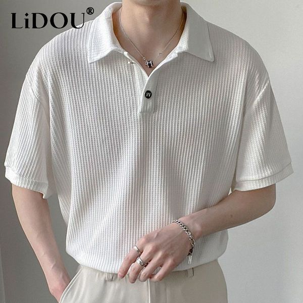 

men's polos summer men solid color korean style button polo shirts fashion casual loose lapel polo shirts men's clothing 230518, White;black