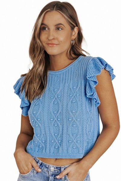 

sky blue ruffle sleeve cable knit sweater 2023 new n2rs#, White