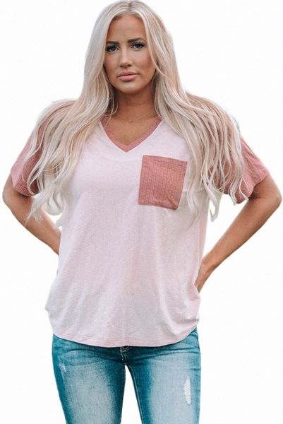 

pink colorblock v neck t shirt with pocket 2023 new r3wl#, White