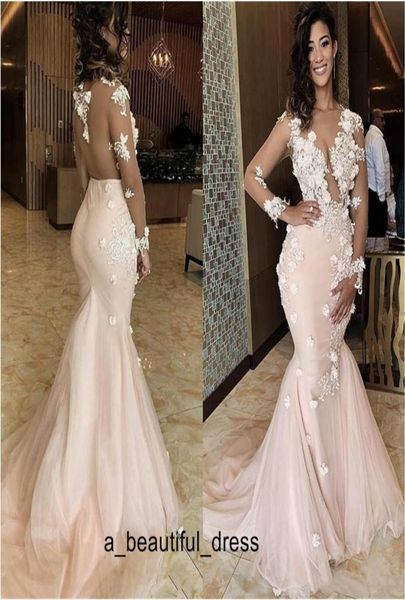 

illusion mermaid prom dresses sheer neck lace 3d appliques beaded long sleeves sweep train backless evening party wear pageant gow6698249, Black;red