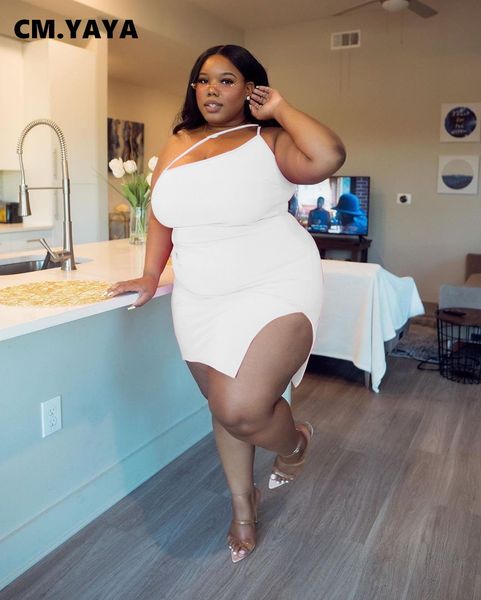 

plus size dresses cm.yaya size women spaghetti strap skew neck bodycon slid side mini midi dress night party sleeveless pencil 230518, Black