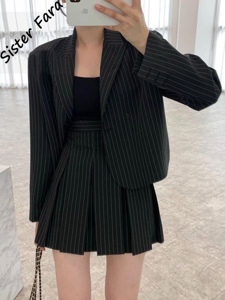

pants sister fara chic stripe short coat spring set woman 2pieces+high waist pleated mini half skirt ladies casual two piece set women, White