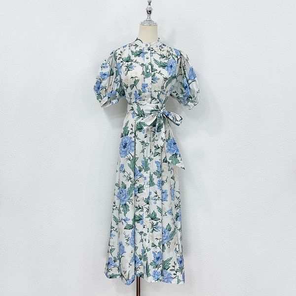 

2023 designer dress long robe blue rose bubble sleeves flip collar button fashion long dress, Black;gray