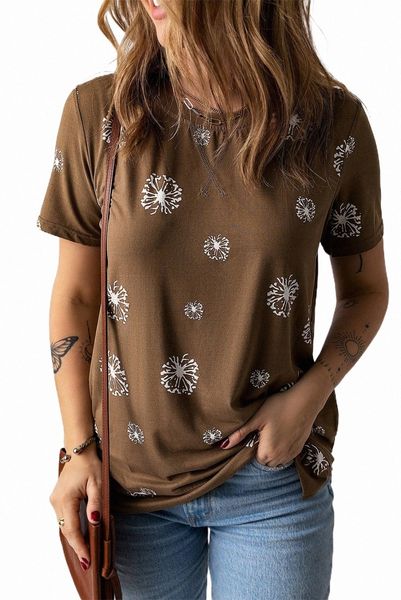 

brown dandelion print crew neck t-shirt 2023 new 80x2#, White