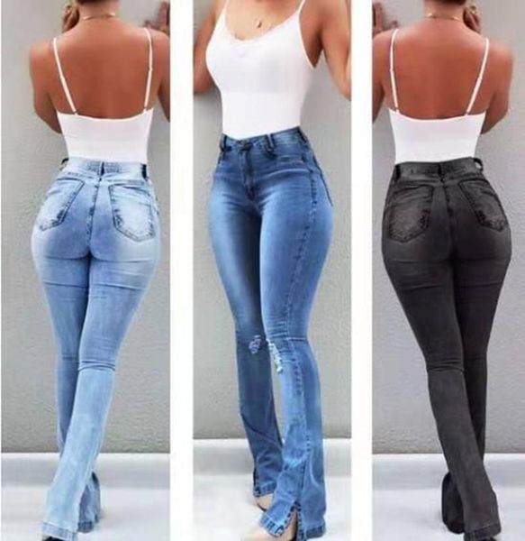

jeans flare jeans pants women new casual vintage denim ladies high waist stretch pocket trousers 2020 fashion wide leg jeans, Blue