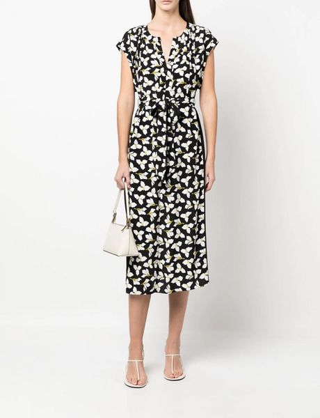 

2023 designer dress, robe, flower print mid length dress lace up v-neck split skirt, Black;gray