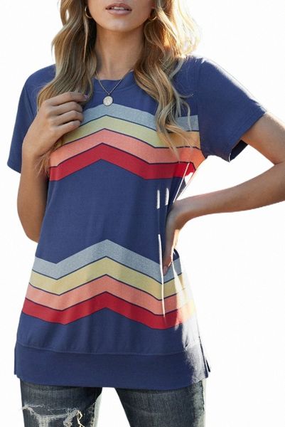 

blue colorful wavy stripes print short sleeve tee o0kj#, White