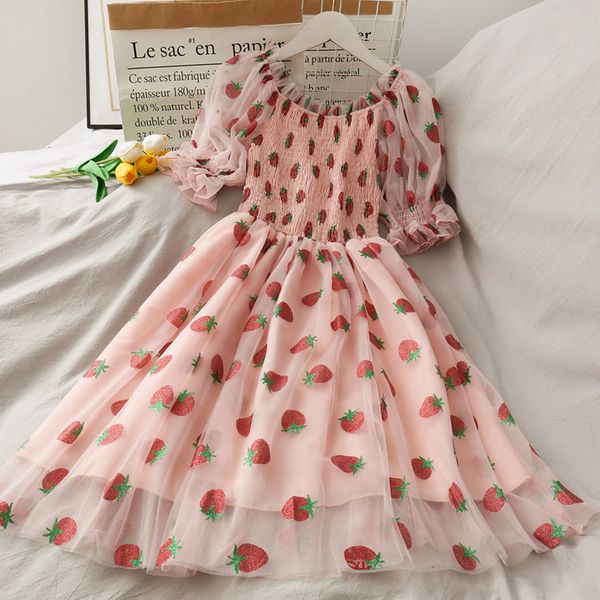 

basic casual dresses strawberry dress dresses for women deep v dress women puff sleeve robe femme kawaii casual women dresses party dresses, Black;gray