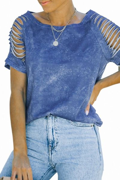 

sky blue cut-out crew neck short sleeve t-shirt c2ik#, White