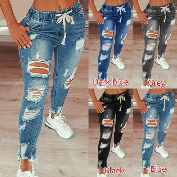 

jeans drawstring denim jeans for women ripped hole stretch jean ladies plus size full length pencil pants, Blue