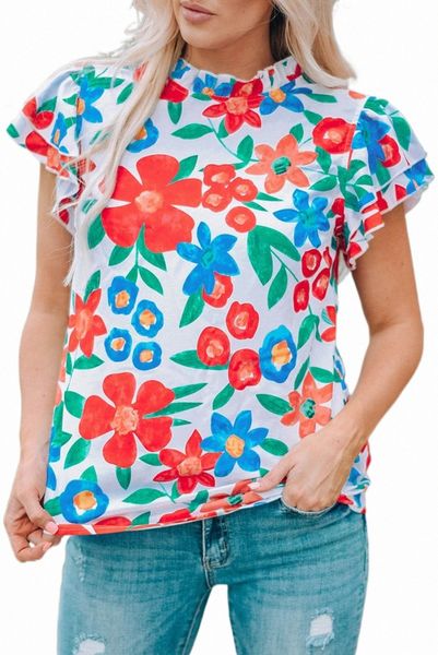 

white floral print frilled neck ruffled sleeve w7il#