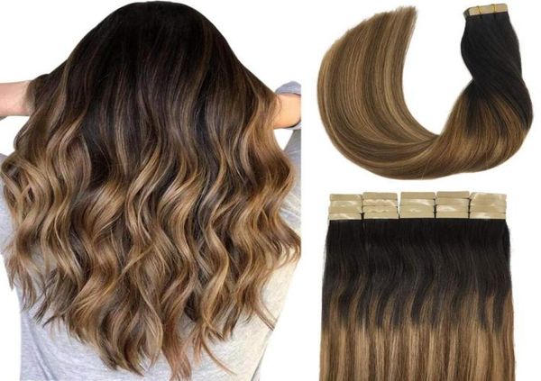 

tape in hair extensions real human hair ombre dark brown to chestnut brown and dirty blonde skin weft tape in extension3207618, Black