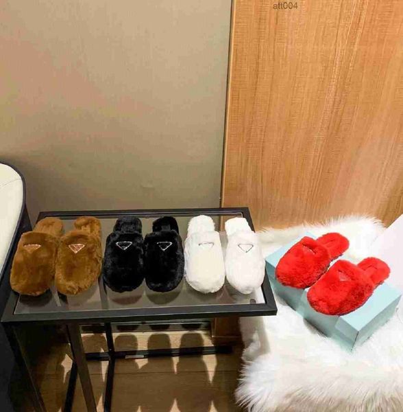 

designer women winter home slippers luxury fuzzy wool flat bottom shoes classic triangle shield half slippers outdoor leisure sandals, Black