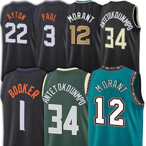 

morant devin p 1 booker basketball jerseys giannis 34 antetokounmpo deandre 22 ayton chris 3 paul 12 ja, Black;red
