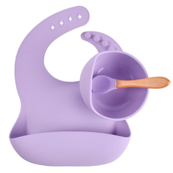 

green baby bib food grade silica gel bibs portable various color child plate feeding set circluar bowl soft tableware bib wood spoon handles