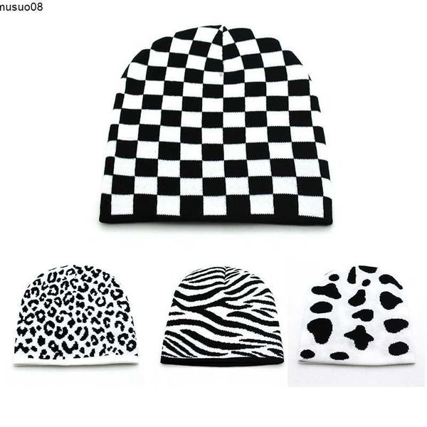 

beanie/skull caps checkerboard knitted beanie hats female autumn winter wool bonnet hats cow leopard zebra simple balck white skullies beani, Blue;gray
