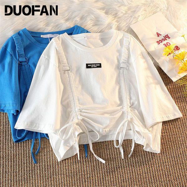 

women's plus size tshirt duofan short sleeve tshirt women l4xl bandage design pure color leisure korean style fashion lady tees 230517, Black