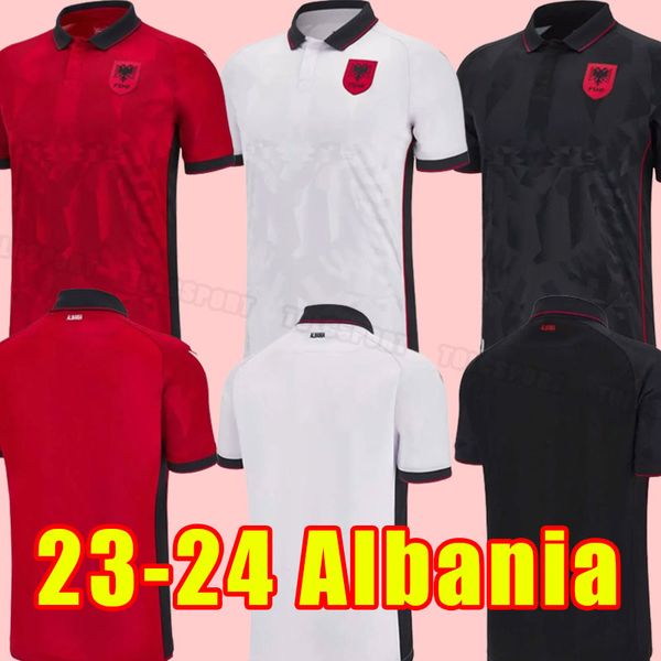 

2023 albanias soccer jerseys 23/24 nedim bajrami men home red away white third black 2024 football shirt kristjan asllani marash kumbulla my, Black;yellow