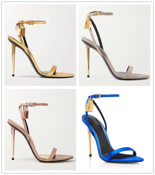 

latest fashion metallic feeling high heel sandals .5cmwomen luxurious gold lock decorate high heels summer rose red sandal ankle strap dre, Black