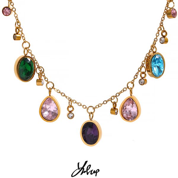

wedding jewelry sets yhpup delicate elegant colorful cubic zirconia stainless steel luxury necklace bling 18k gold plated waterproof party 2, Slivery;golden
