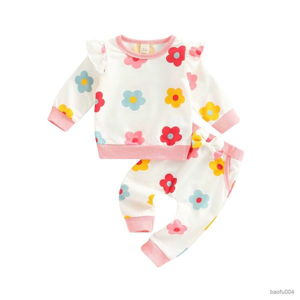 

clothing sets 2-piece infant baby girl outfits flower print ruffle long sleeve t-shirt and casual pants set for toddlers 0-24 months r230718, White