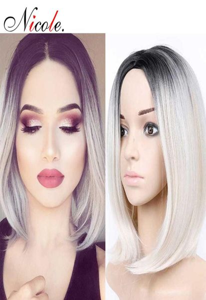 

nicole 12inch african american straight bob wigs short shoulder length ombre white blonde brown 6 colors 2625700, Black
