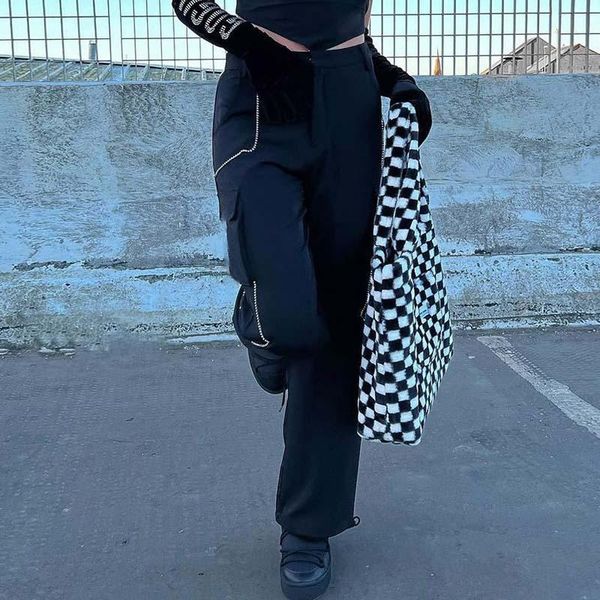 

capris street american drill strip straight pants women's lowwaist summer tooling multipocket woven retro fashion trend casual pants, Black;white