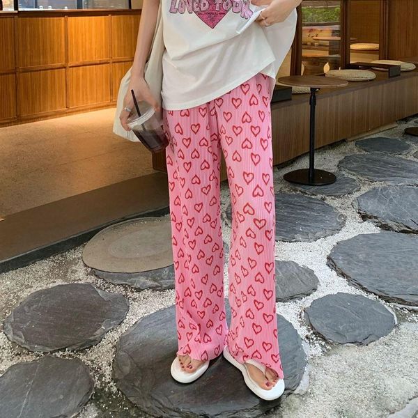

capris hzirip pink hearts pants folds casual women thin summer office wear 2022 wide leg work wear new ol full length trousers, Black;white