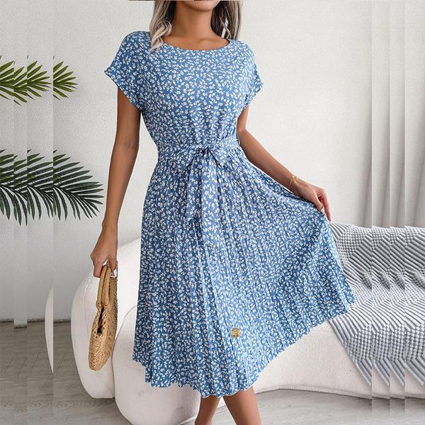 

dresses yemoggy elegant floral print pleated dresses for women summer dress 2022 new casual laceup oneck short sleeve swing midi dress, Black;gray