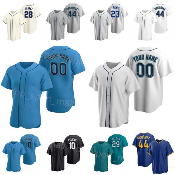 

baseball 44 julio rodriguez jerseys 23 ty france 35 teoscar hernandez 28 eugenio suarez 10 jarred kelenic 29 cal raleigh cool base custom na, Blue;black