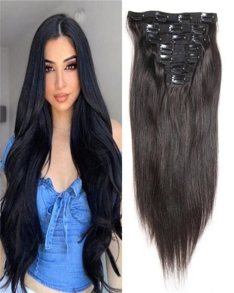 

slik straight clip in hair extensions natural black color virgin brazilian human hair skin weft clip on hair extensions 8pcs120g4634543, Black;brown