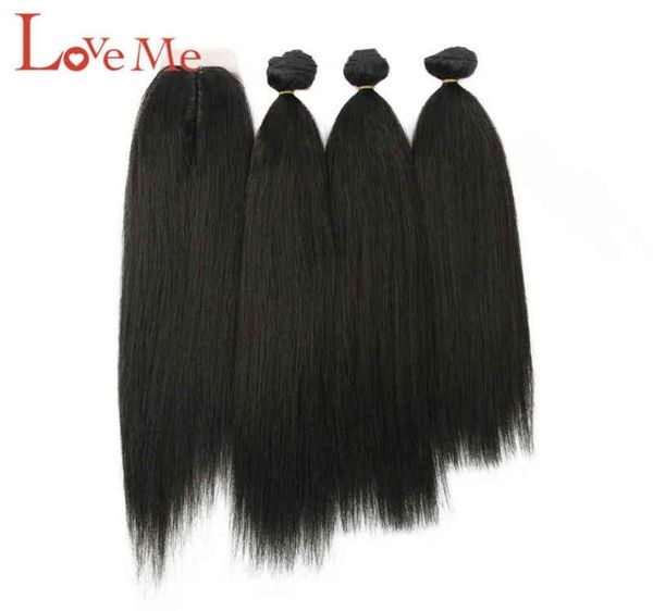 

love me yaki straight hair bundles with lace closure 3 pcs hair weave with middle part closure ombre brown golden hair extension h7332684, Black