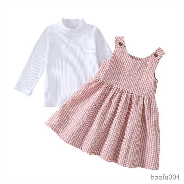 

clothing sets toddler kids pieces outfits casual fashion turtleneck long sleeve andplaid strap dress set baby girls clothing r230518, White