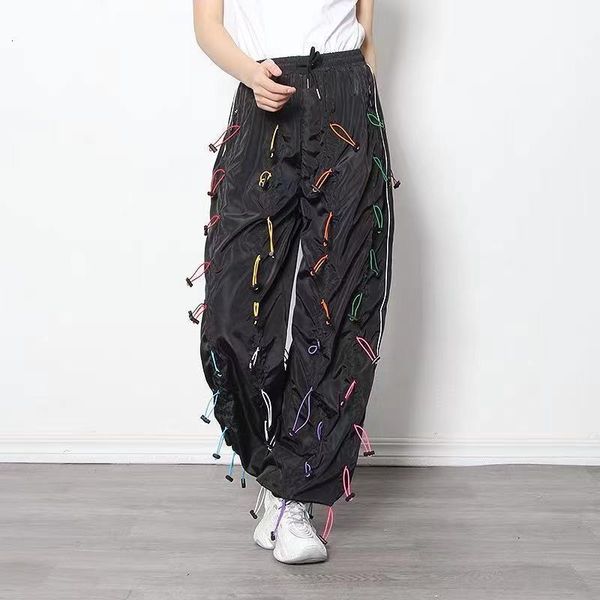 

men's pants drawstring sweatpants heavy industry function cargo long trousers hip hop streetwear quick dry male wide leg 230517, Black