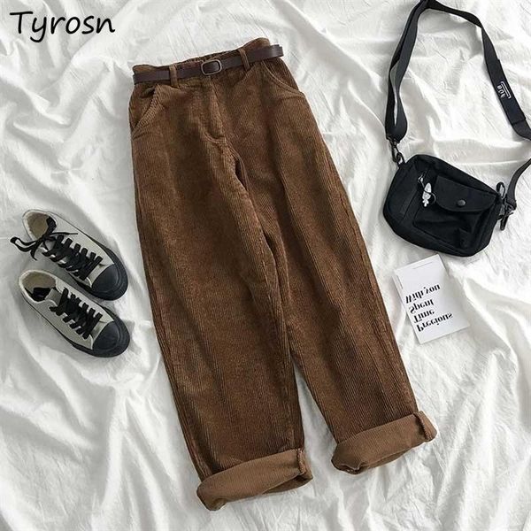 

capris corduroy casual pants women retro brown allmatch vintage streetwear loose warm thicker trousers mujer high waist straight pant, Black;white