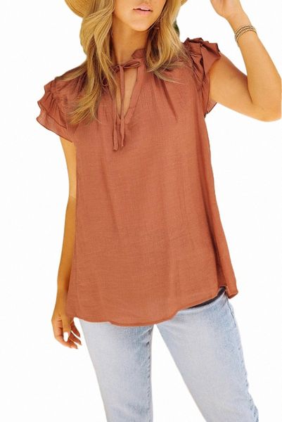 

brown tiered ruffled drawstring v neck 2023 new r28m#, White